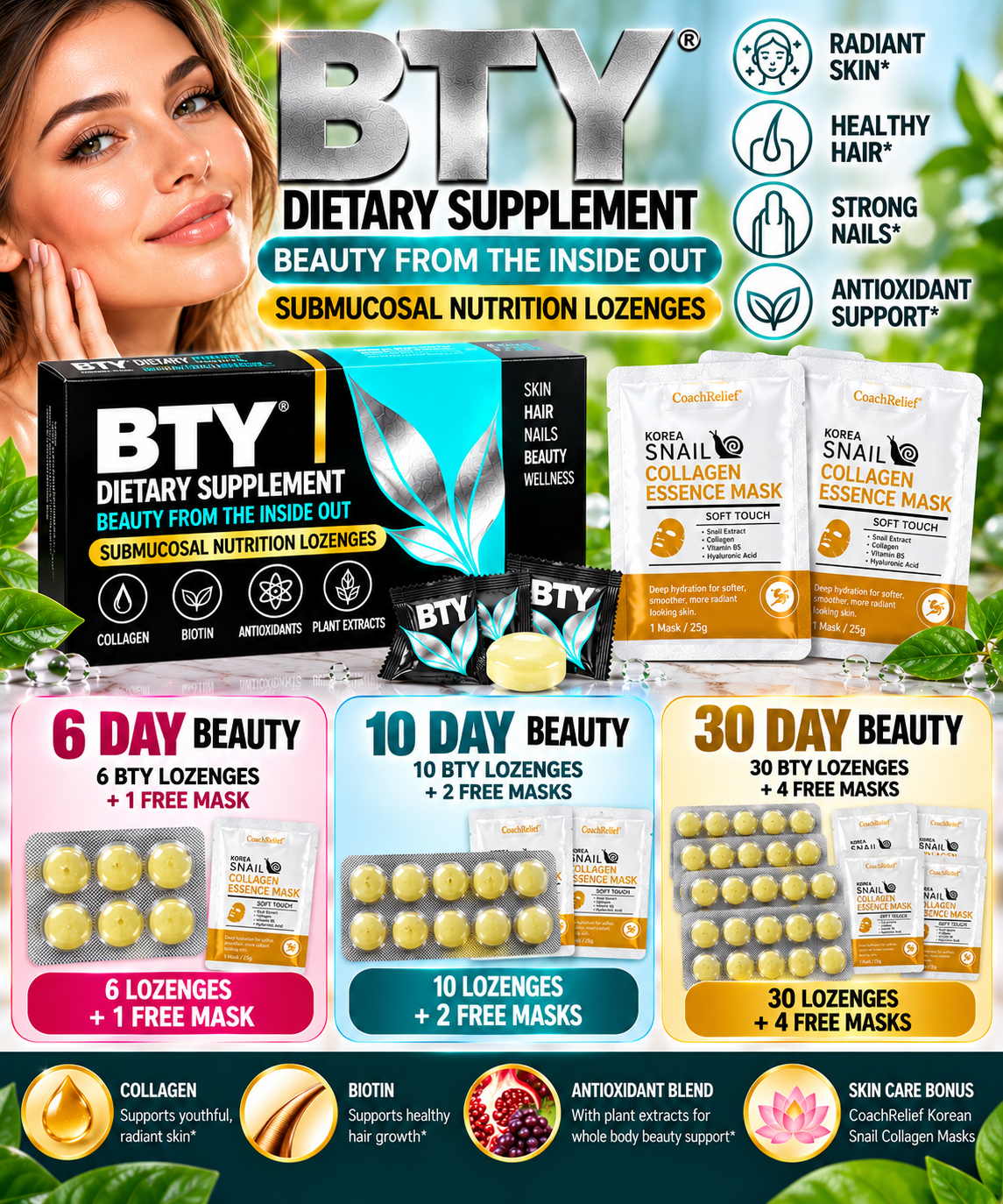 BTY® Collagen Beauty Lozenges – Choose 6, 10 or 30 Days | FREE Collagen Mask Gift