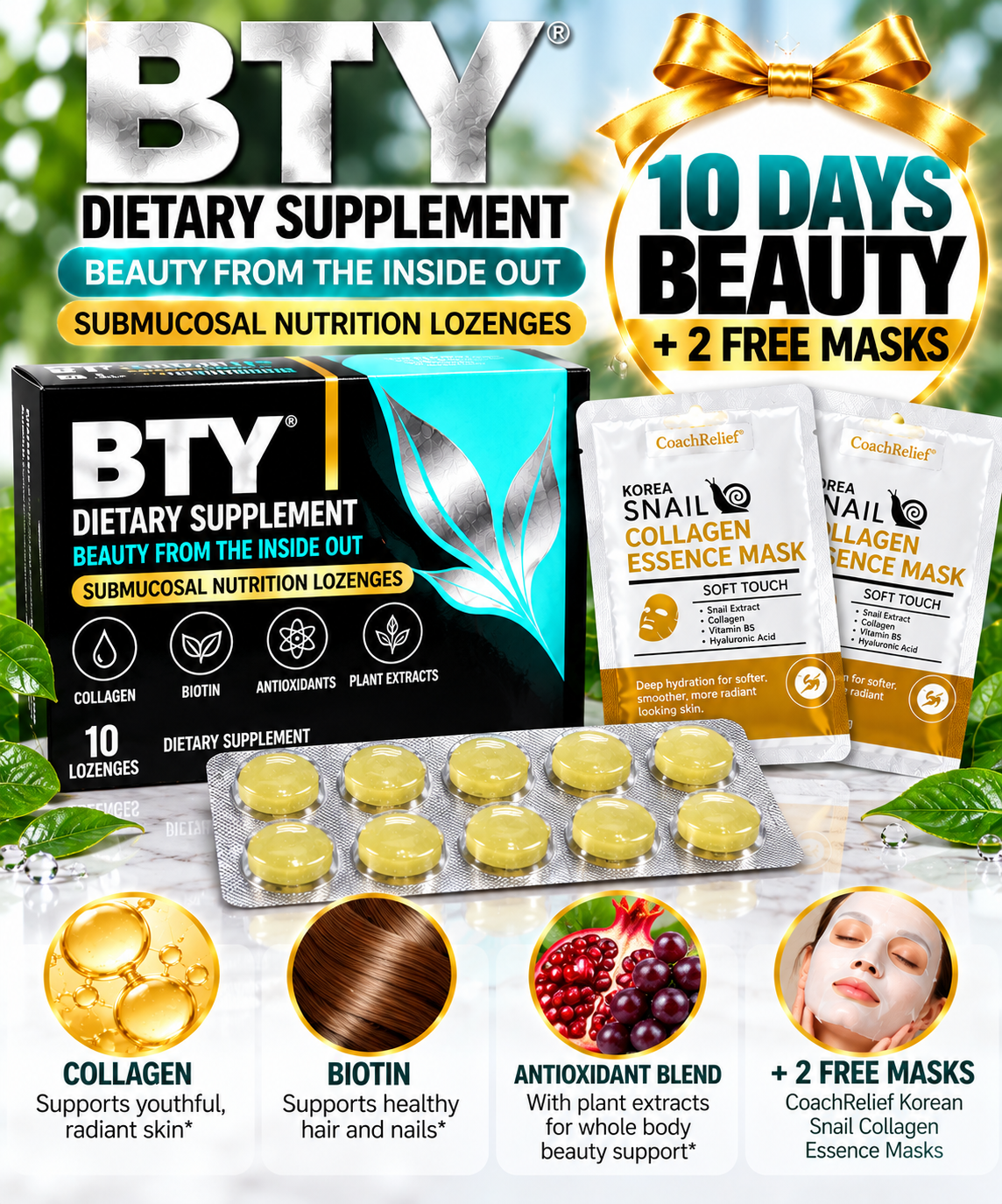 BTY® Collagen Beauty Lozenges – Choose 6, 10 or 30 Days | FREE Collagen Mask Gift