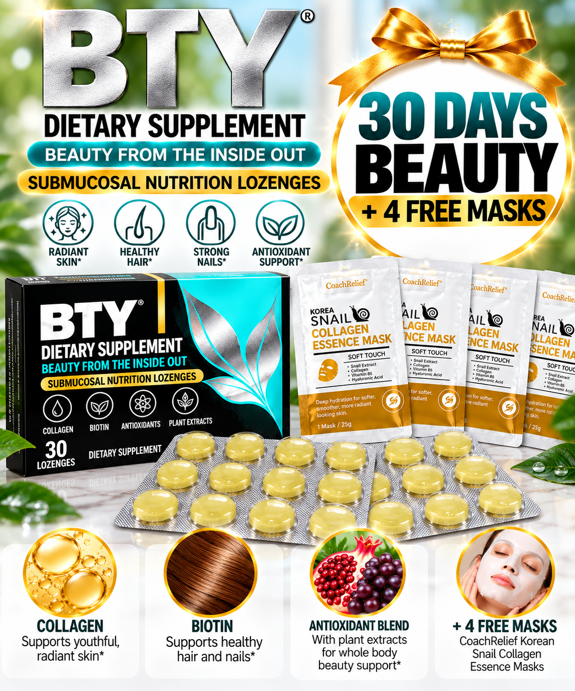 BTY® Collagen Beauty Lozenges – Choose 6, 10 or 30 Days | FREE Collagen Mask Gift