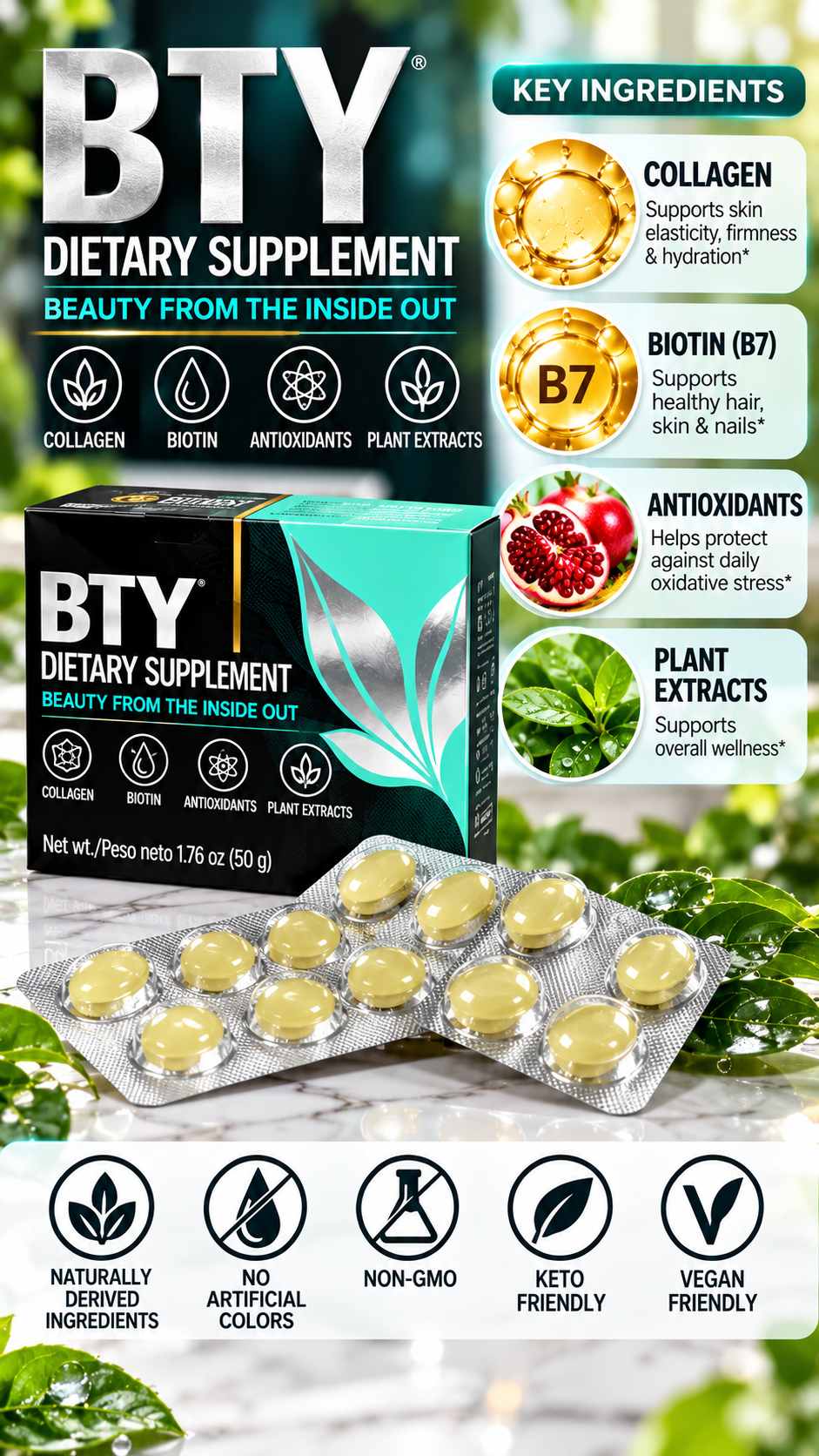 BTY® Collagen Beauty Lozenges – Choose 6, 10 or 30 Days | FREE Collagen Mask Gift
