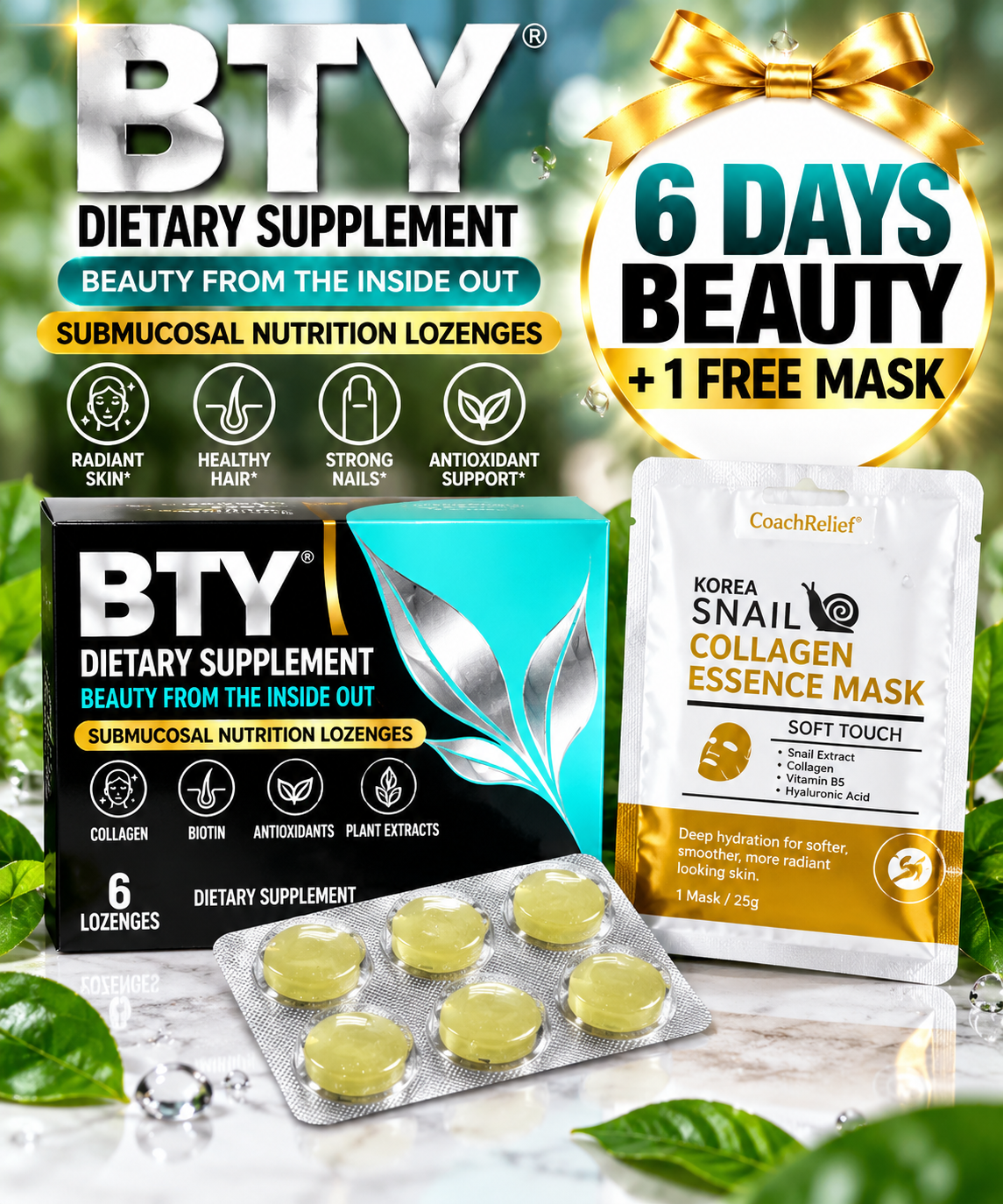 BTY® Collagen Beauty Lozenges – Choose 6, 10 or 30 Days | FREE Collagen Mask Gift