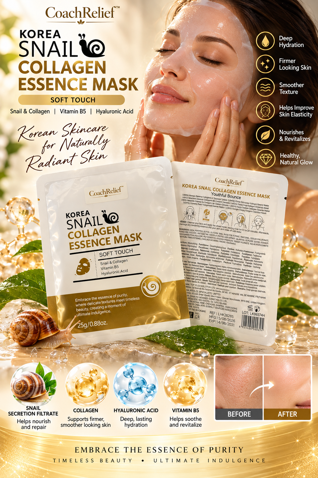 New CoachRelief™ Korea Snail Collagen Essence Mask – Soft Touch Treatments