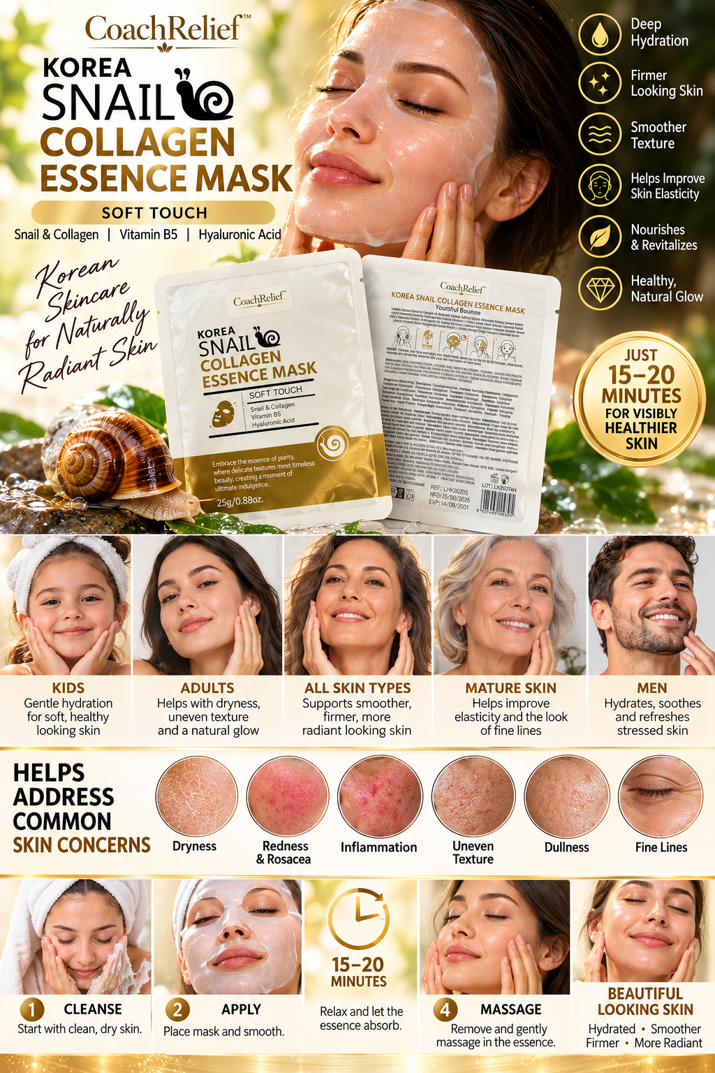 New CoachRelief™ Korea Snail Collagen Essence Mask – Soft Touch Treatments