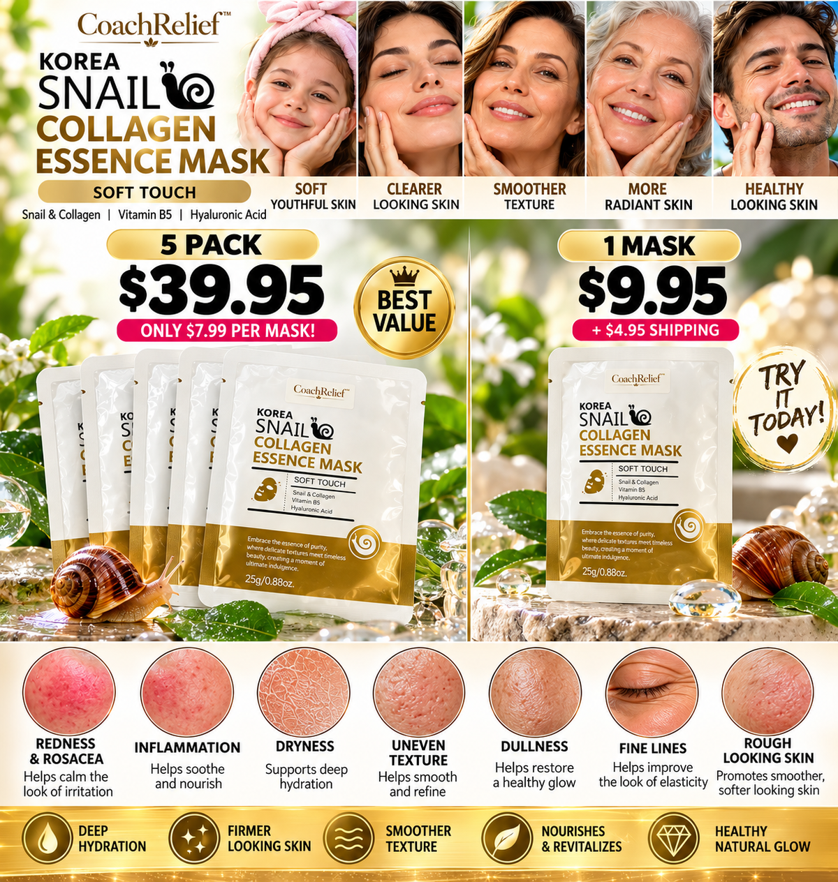 New CoachRelief™ Korea Snail Collagen Essence Mask – Soft Touch Treatments