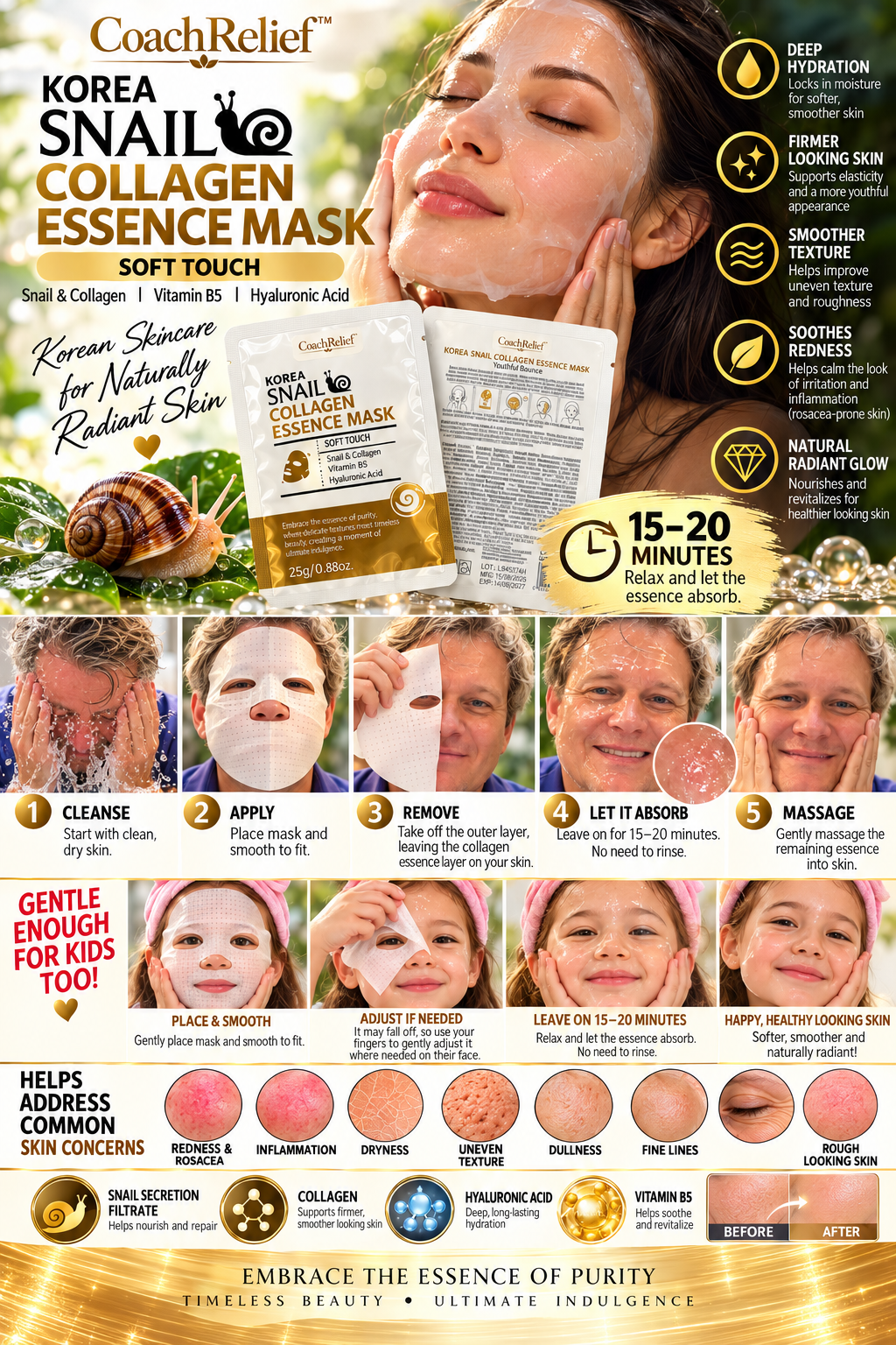 New CoachRelief™ Korea Snail Collagen Essence Mask – Soft Touch Treatments