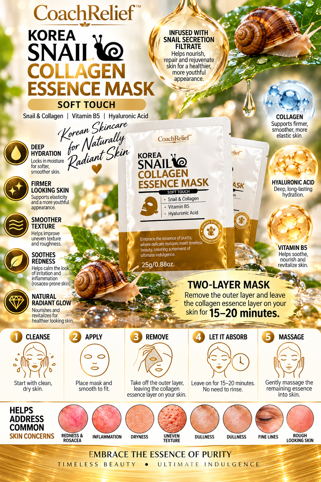 New CoachRelief™ Korea Snail Collagen Essence Mask – Soft Touch Treatments