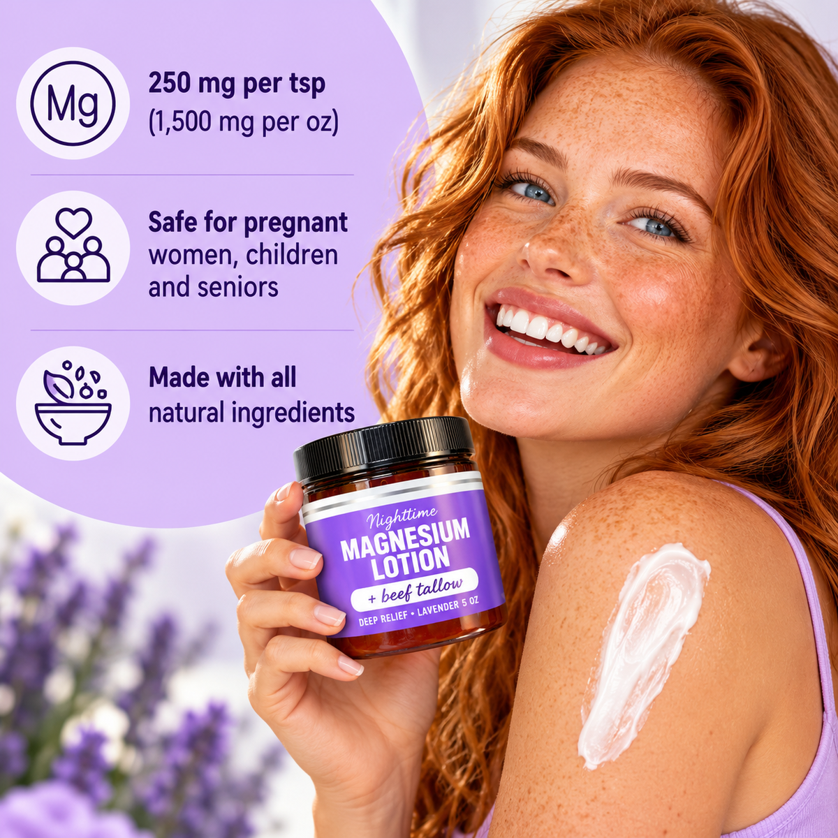 Nighttime Magnesium Lotion with Beef Tallow - Lavender Scent Instant Pain/Inflammation Relief and Sleep Solution