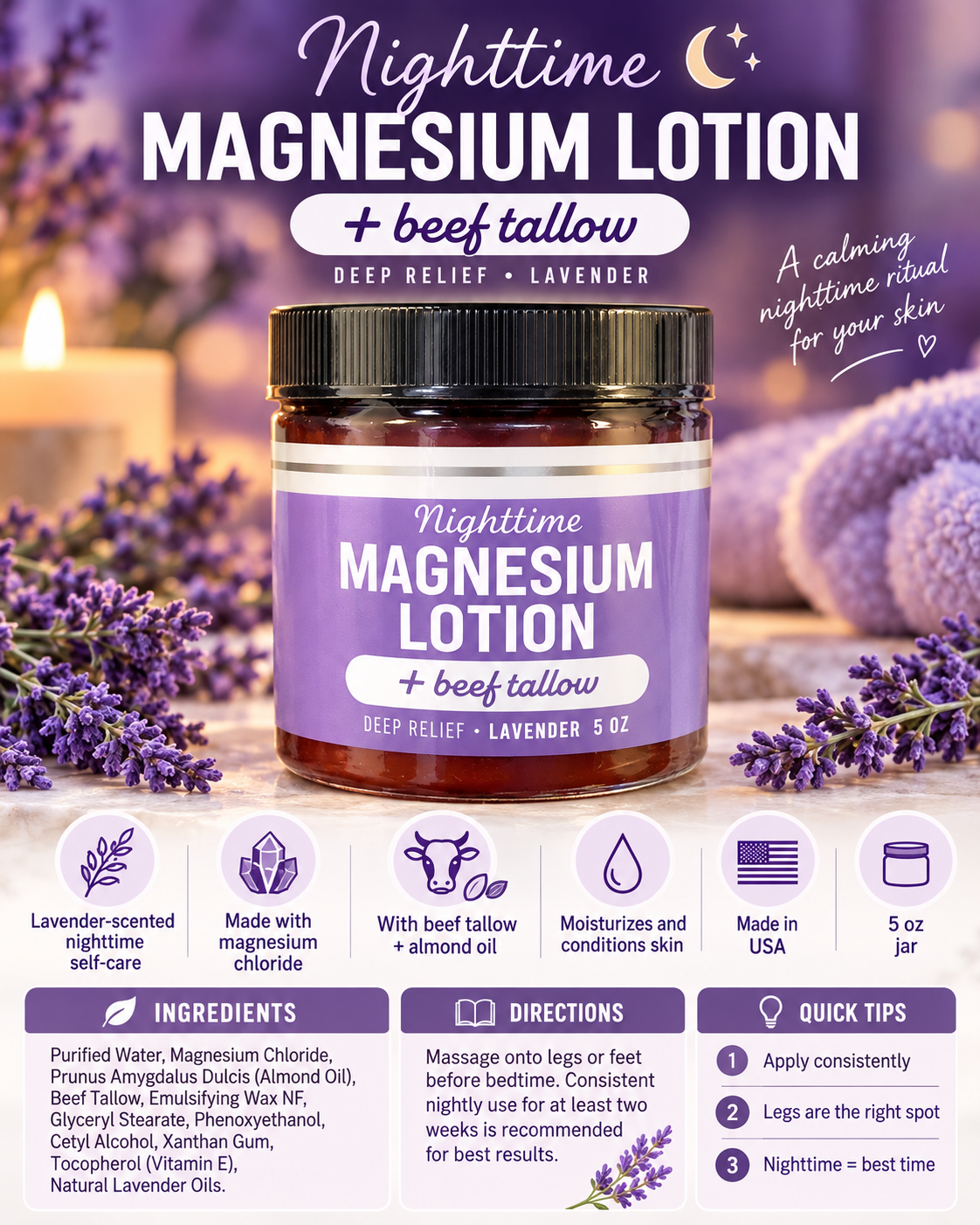 Nighttime Magnesium Lotion with Beef Tallow - Lavender Scent Instant Pain/Inflammation Relief and Sleep Solution