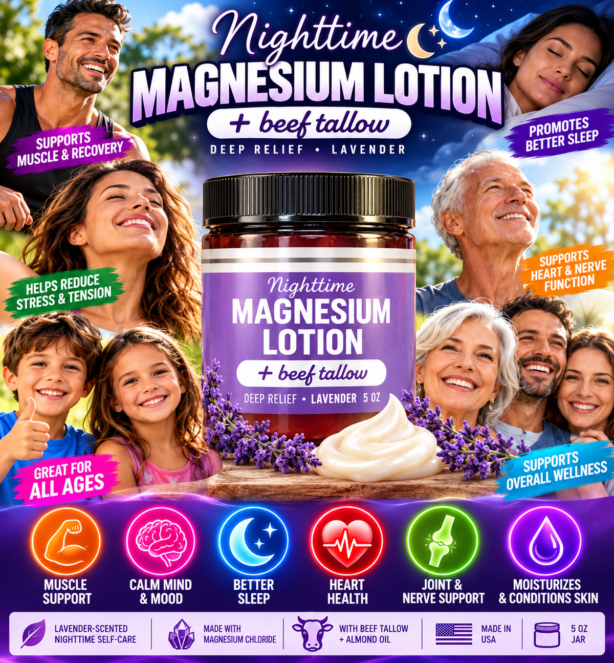 Nighttime Magnesium Lotion with Beef Tallow - Lavender Scent Instant Pain/Inflammation Relief and Sleep Solution