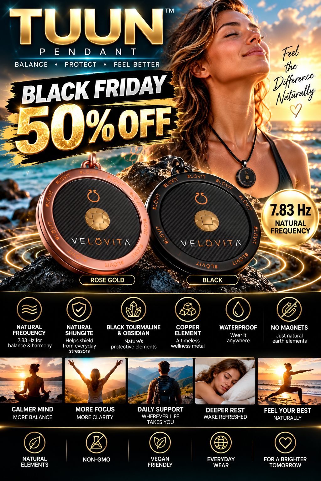TUUN™ Wellness Pendant – Black Friday 50% OFF | 7.83 Hz Inspired Design | Rose Gold or Black